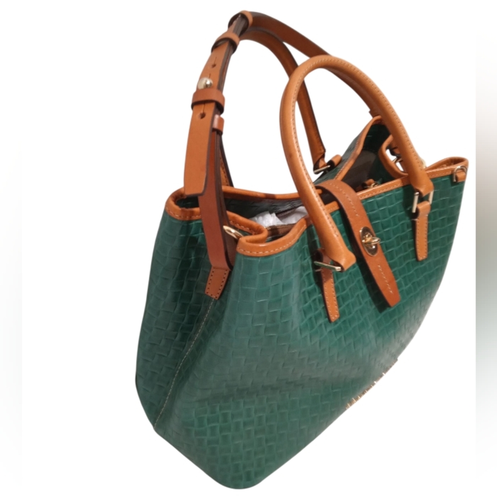 Dooney & Bourke Green Woven Leather Satchel with Tan Trim - Picture 2 of 6